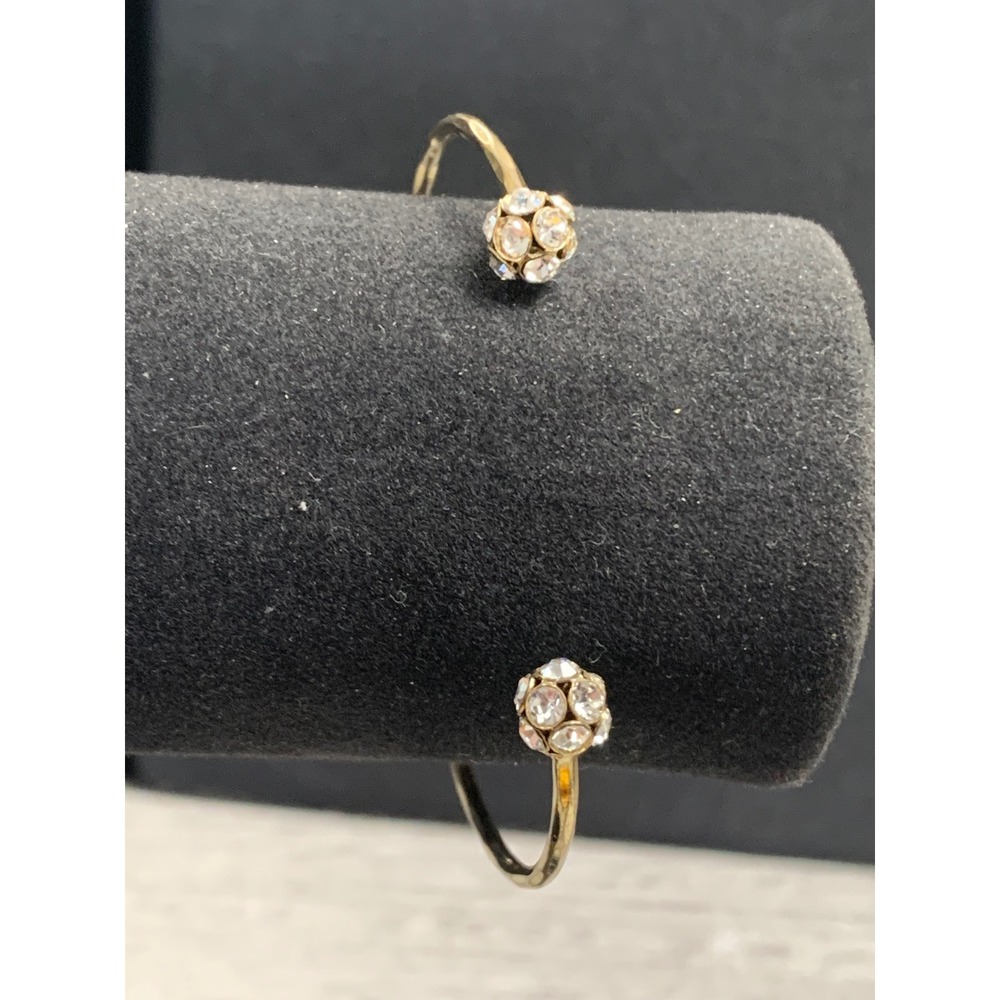 Gold Tone Hammered Cuff Bracelet with Pave Rhinestone Ball Ends 6 Inch